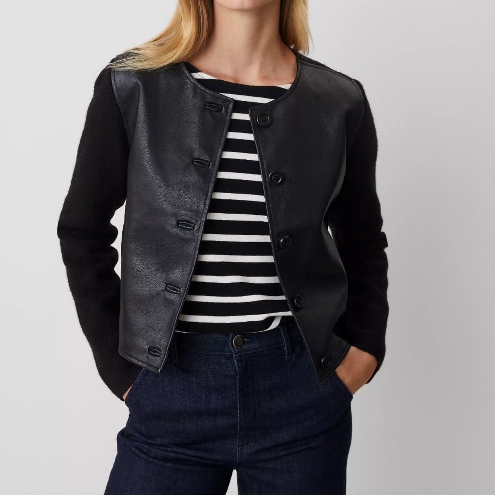 🖤 Anne Klein Black Leather/Knit Button-Up Jacket – Chic Mixed-Media Style
